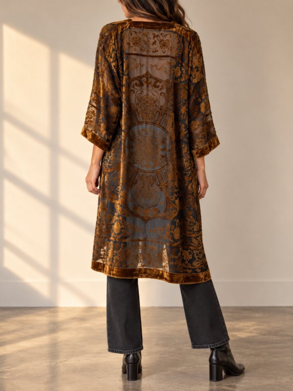 Gold Velvet Burnout Sheer Long Kimono Duster Cardigan M